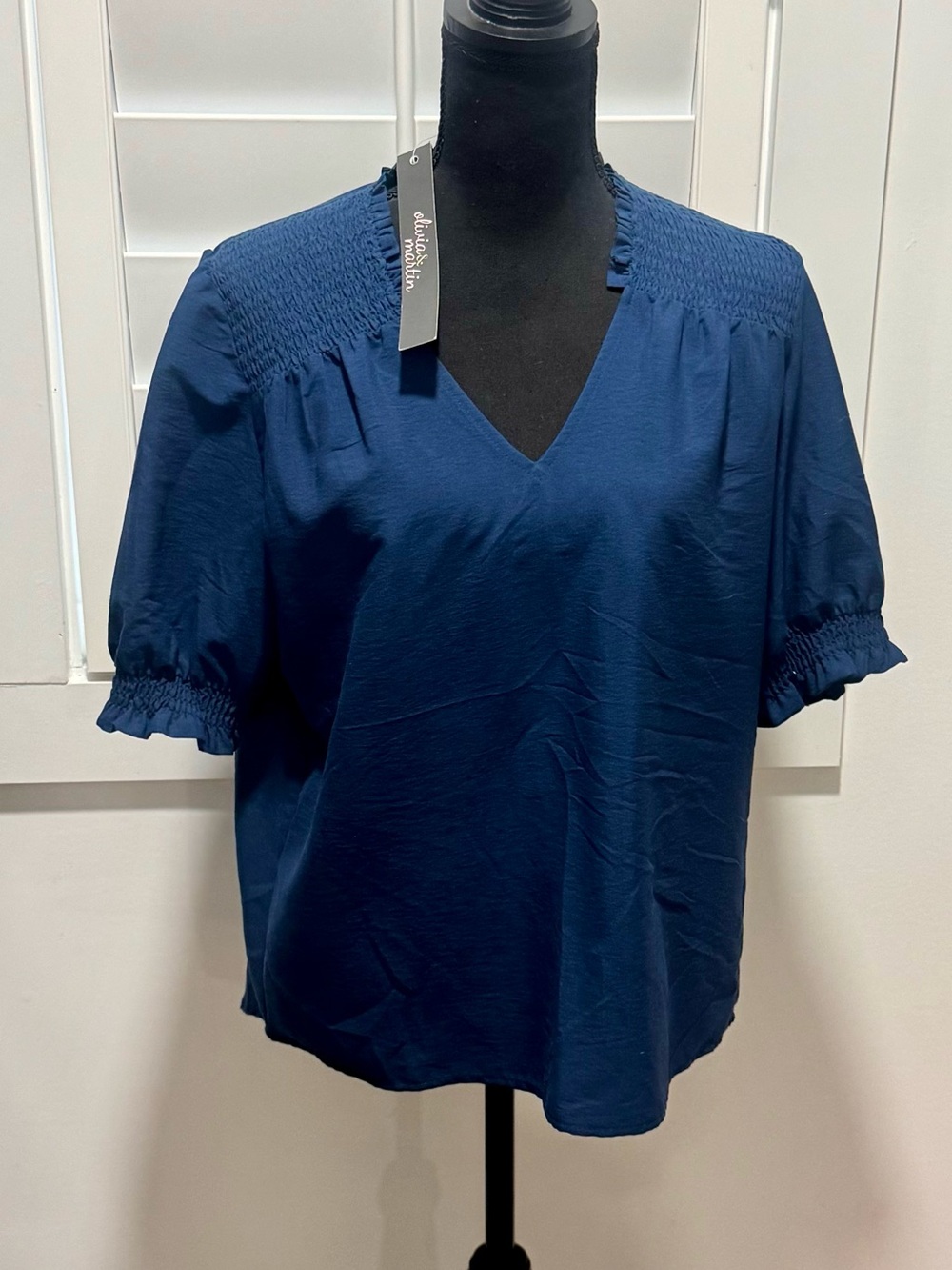 Navy V-Neck Smocked Shoulder & Sleeve Blouse